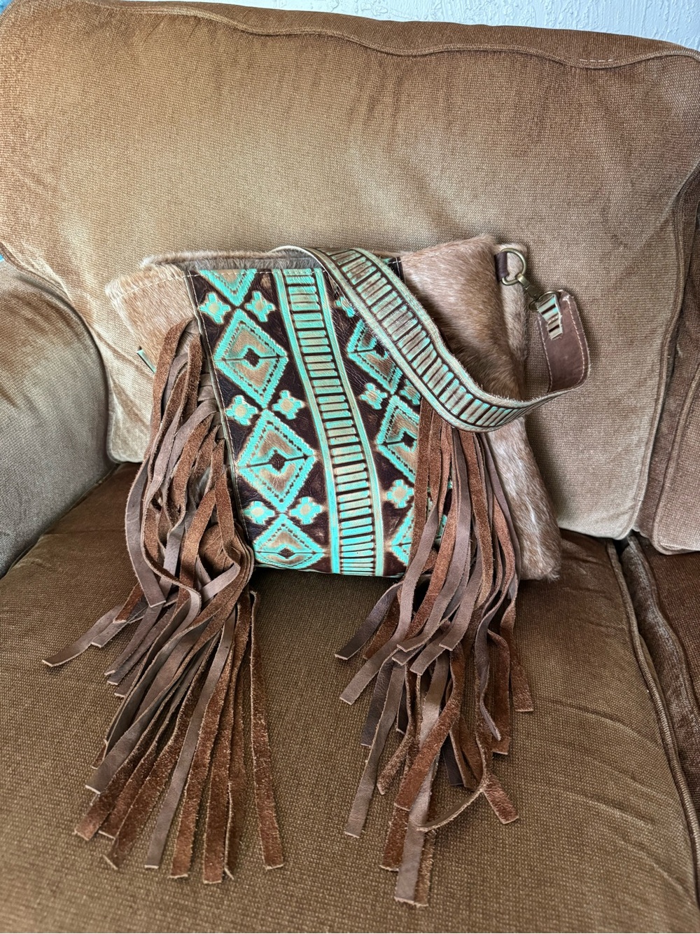 Boho Fringe Crossbody Bag in Brown with Turquoise Accents